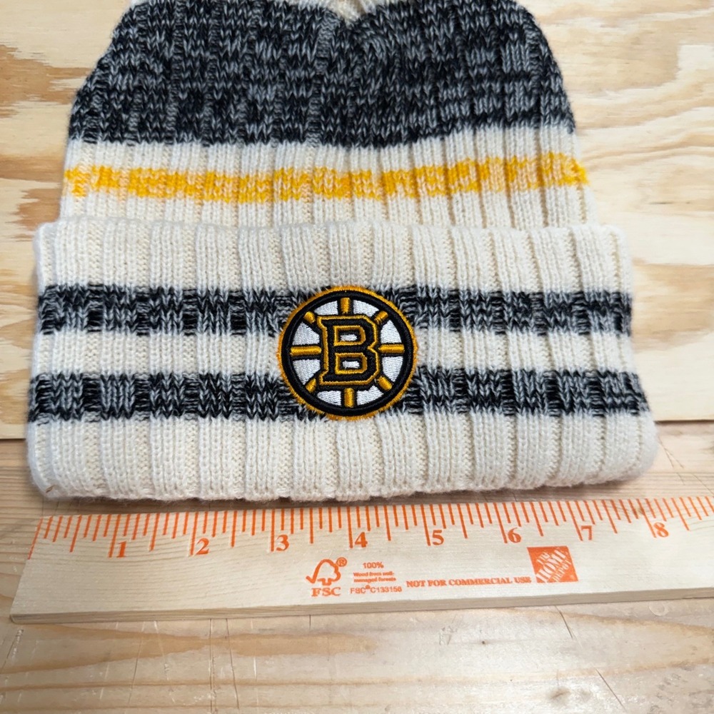 Boston Bruins NHL Knit Cuffed Beanie Pom Hat Cream Black Gold Striped Men Women - Picture 4 of 5